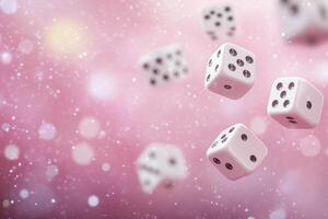 Floating white dice create playful patterns in the air against a soft pink background photo