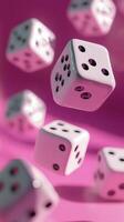 Falling pink dice create a playful atmosphere in a whimsical setting photo