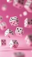 Falling pink dice create a playful atmosphere in a whimsical setting photo