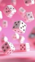 Falling pink dice create a playful atmosphere in a whimsical setting photo