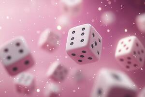 Floating white dice create playful patterns in the air against a soft pink background photo