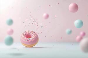 Colorful donut surrounded by pastel balls and sprinkles in a playful setting photo