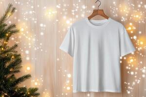White t shirt hanging against a sparkling background with Christmas tree decoration photo