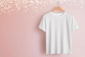 White t shirt hanging against a sparkling background with Christmas tree decoration photo