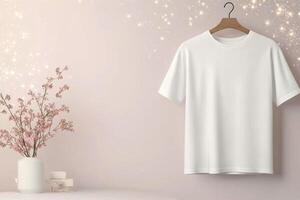 White t shirt hanging against a sparkling background with Christmas tree decoration photo