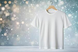 White t shirt hanging against a sparkling background with Christmas tree decoration photo