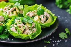 Fresh chicken salad served in lettuce cups with avocado and cilantro garnish for healthy dining photo