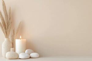 Serenity and tranquility with decorative stones, a candle, and pampas grass in a minimalist setting photo