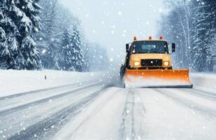 Snow plow clears the road during heavy winter storm in a quiet forest photo