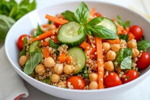 Healthy quinoa salad with cucumbers, tomatoes, and chickpeas served in a bowl photo