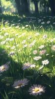 Sunlight streaming through trees over a field of daisies in a tranquil forest setting photo