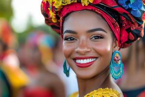 Bright and joyful celebration of culture with a smiling woman in a colorful headwrap at sunset photo