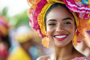 Bright and joyful celebration of culture with a smiling woman in a colorful headwrap at sunset photo