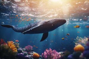Majestic whale swimming gracefully through vibrant coral reef in deep ocean photo