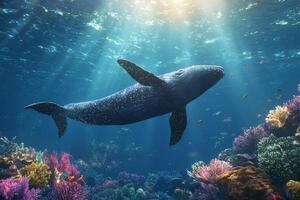 Majestic whale swimming gracefully through vibrant coral reef in deep ocean photo