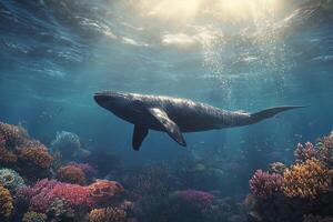 Majestic whale swimming gracefully through vibrant coral reef in deep ocean photo