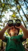 Child exploring nature with binoculars while observing wildlife in a green forest photo