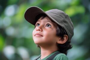 Child gazing upwards in a lush green environment during daylight hours photo