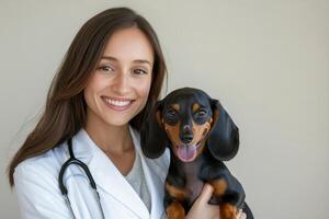 Smiling veterinarian holds a happy dachshund in a bright clinic setting photo