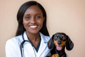 Smiling veterinarian holds a happy dachshund in a bright clinic setting photo