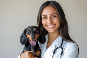 Smiling veterinarian holds a happy dachshund in a bright clinic setting photo