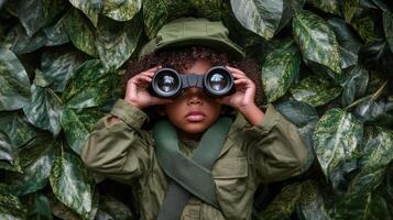 Child exploring nature with binoculars in a lush green environment during daylight photo