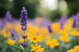 Colorful field of wildflowers in bloom with mountains in the background during spring photo