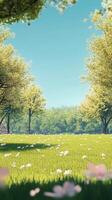 Serene spring landscape featuring blossoming trees and vibrant green grass photo