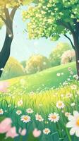 Serene spring landscape featuring blossoming trees and vibrant green grass photo