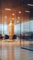 Modern office building interior with glass walls and polished floors in vibrant light photo