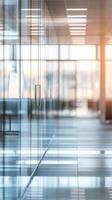 Modern office building interior with glass walls and polished floors in vibrant light photo