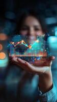 Digital visualization of financial growth data displayed in hands against a blurred background photo