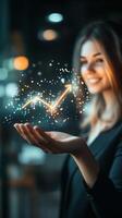 Digital visualization of financial growth data displayed in hands against a blurred background photo