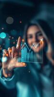 Digital visualization of financial growth data displayed in hands against a blurred background photo