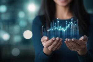 Smiling professional woman presenting data analytics concept with glowing graph photo