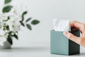 Hand reaching for tissue from a teal box on a white table in a calm environment photo