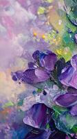 Abstract colorful swirl of purple, green, and yellow paint blending together in creative pattern photo