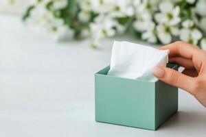 Hand reaching for tissue from a teal box on a white table in a calm environment photo