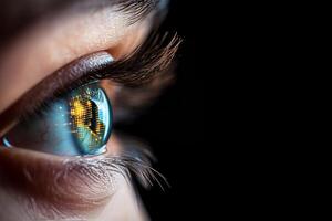 Close up view of a human eye reflecting digital world elements in dark surroundings photo
