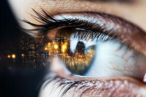 Close up view of a human eye reflecting digital world elements in dark surroundings photo
