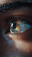 Close up view of an eye reflecting digital data and technology at night photo
