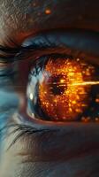 Close up view of an eye reflecting digital data and technology at night photo