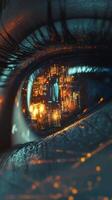 Close up view of an eye reflecting digital data and technology at night photo