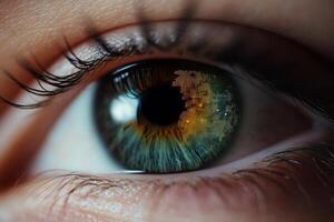 Close up view of a human eye reflecting digital world elements in dark surroundings photo