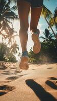 Person runs on sandy beach surrounded by palm trees during sunset photo
