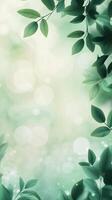 Soft green leaves frame a serene blurred background in a tranquil setting photo