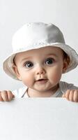Cheerful baby expressing surprise while peeping over a blank surface in a cozy setting photo