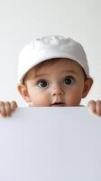 Cheerful baby expressing surprise while peeping over a blank surface in a cozy setting photo