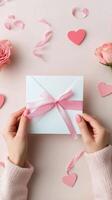 Gift box arrangement with roses and hearts for special occasions or celebrations photo