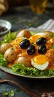 Delicious layered dish topped with olives served on fresh lettuce photo